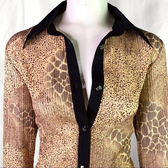 BUTTON DOWN SHIRT ANIMAL PRINT BROWN SHEER CHIFFON TOP LONG SLEEVE  BLOUSE SMALL - Picture 11 of 17